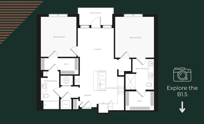 B1.5 - 2 bedroom floorplan layout with 2 bathrooms and 1073 square feet