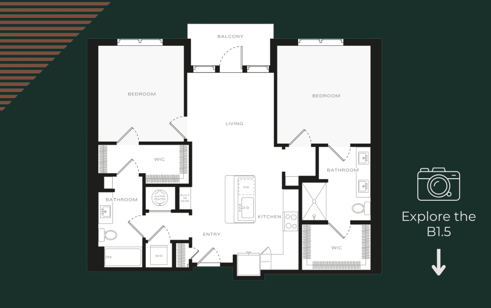 B1.5 - 2 bedroom floorplan layout with 2 bathrooms and 1073 square feet (Residence Floorplan)